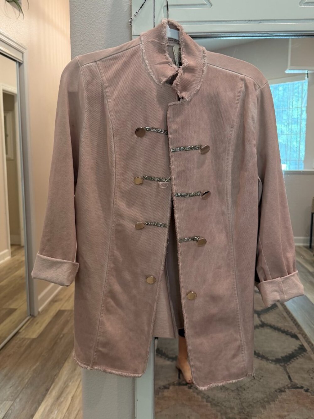 Trader Rick's Pink Military Jacket Glitter Toggle Raw Edge L/XL